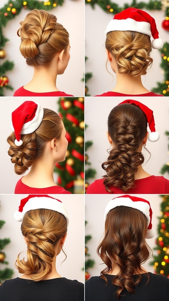 Festive Christmas Hairstyles with Santa Hat A collection of Christmas hairstyles with Santa hats, showcasing festive styles for the holiday season.